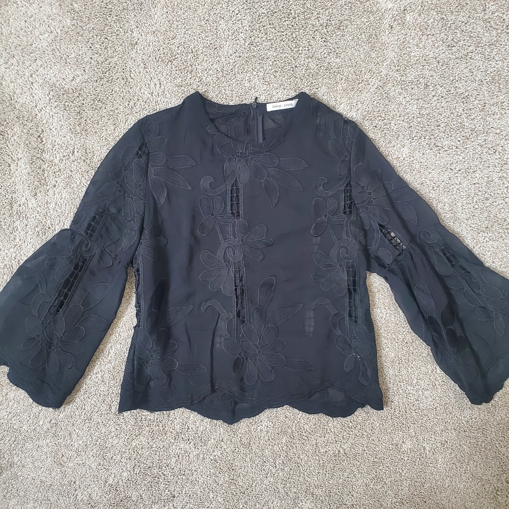 Bishop + Young Black Embroidered Bell Sleeve Blouse Small - Cotton Scalloped Hem